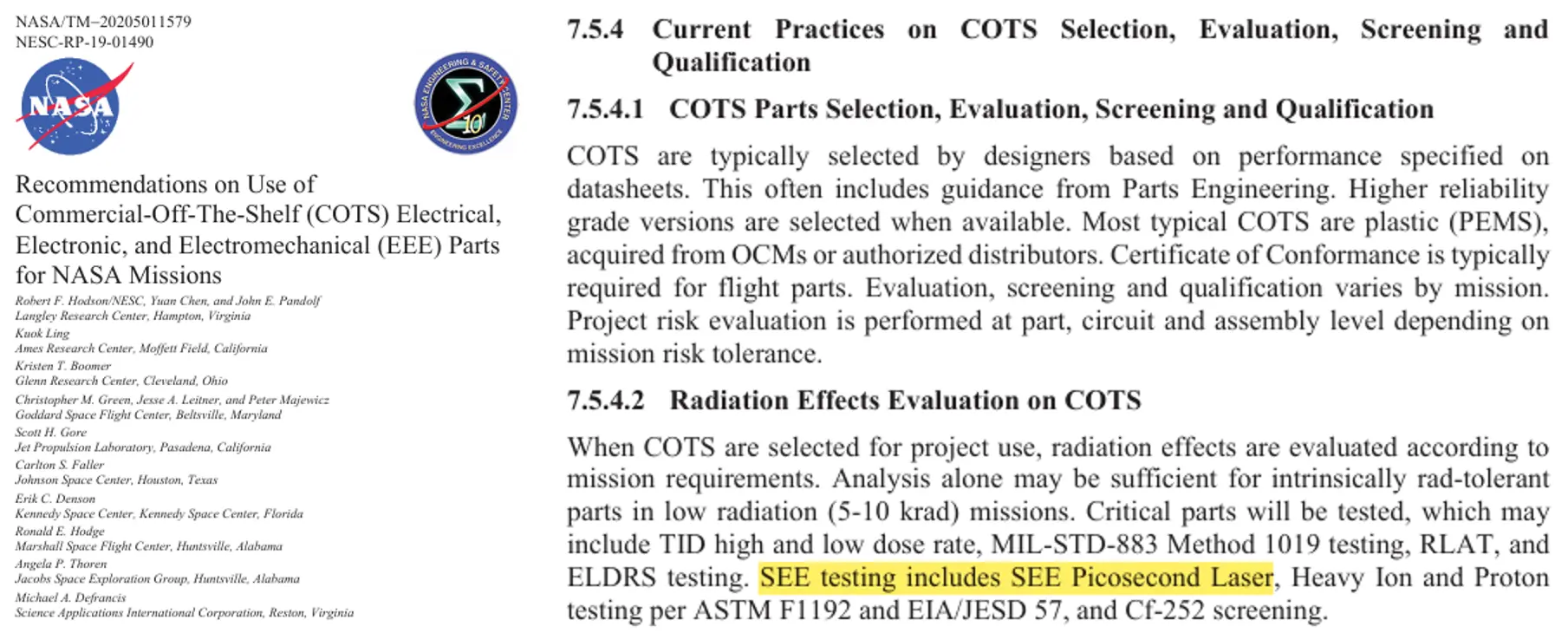 Recommendations on Use of  Commercial-Off-The-Shelf (COTS) <br>Electrical, Electronic, and Electromechanical (EEE) Parts  for NASA Missions